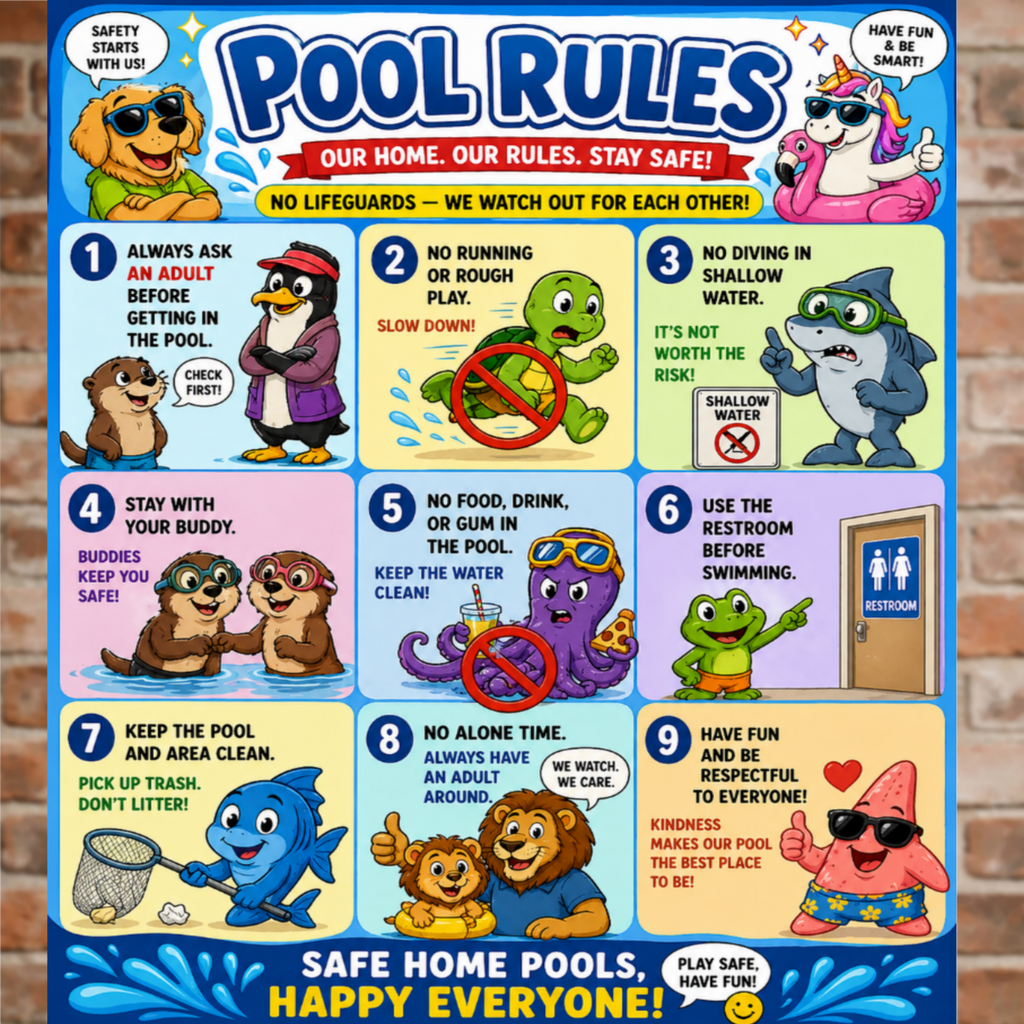 Kids Pool Rules Sign 13x19 Laminated Pool Safety Poster Cartoon Swimming Rules Decor Backyard Family Pool Wall Art