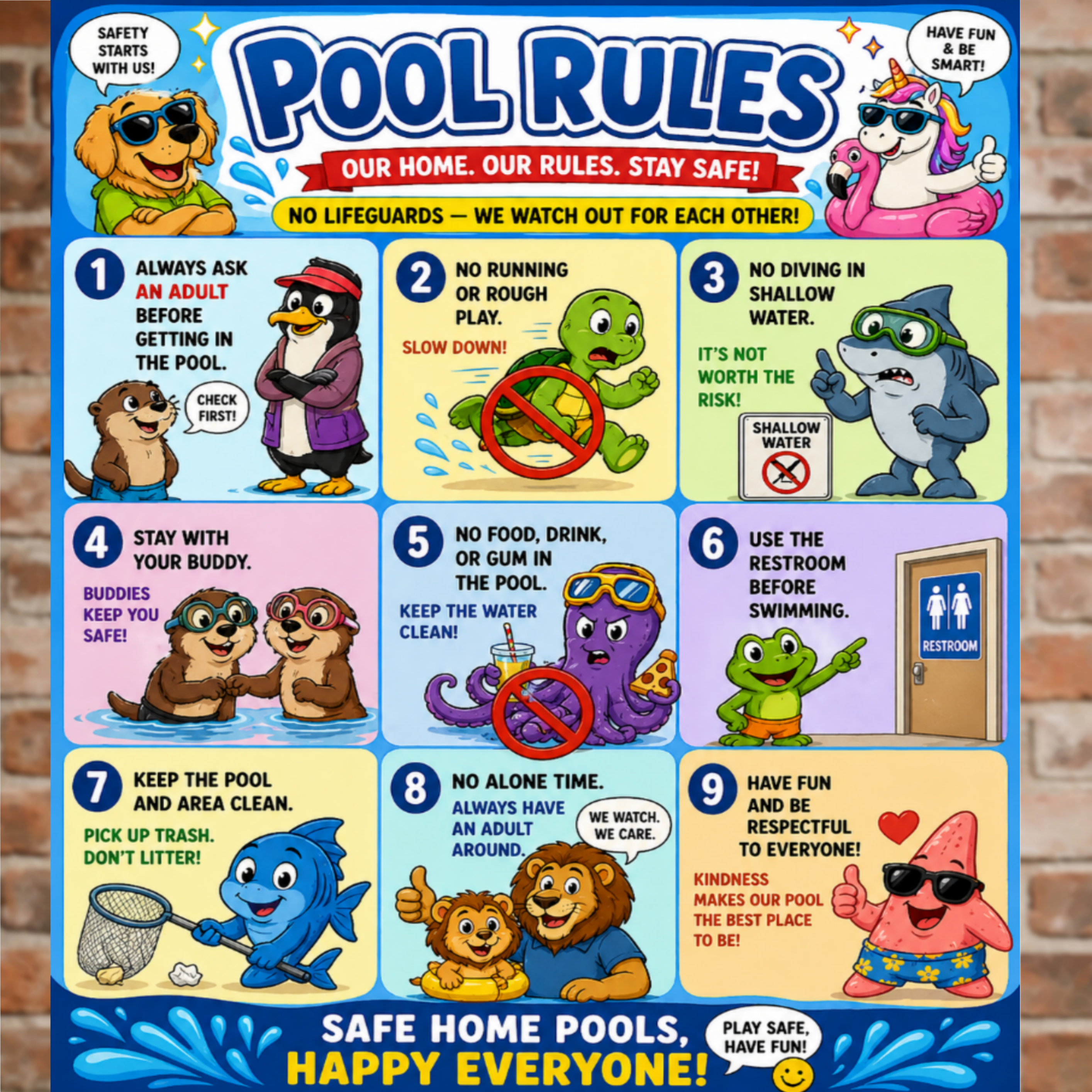 Kids Pool Rules Sign 13x19 Laminated Pool Safety Poster Cartoon Swimming Rules Decor Backyard Family Pool Wall Art
