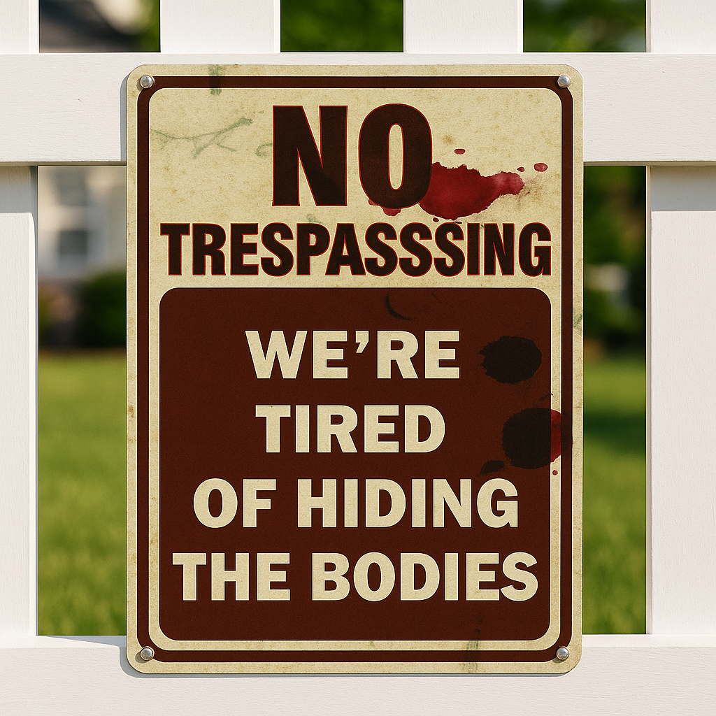 No Trespassing Sign – We’re Tired of Hiding the Bodies | Funny Warning Property Sign 19x13in