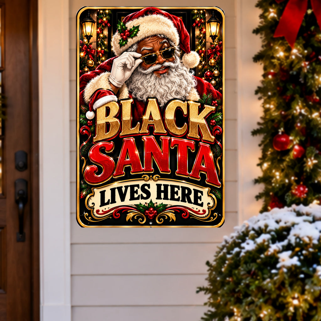 Black Santa Lives Here Sign, 13x19 Laminated African American Christmas Wall Decor