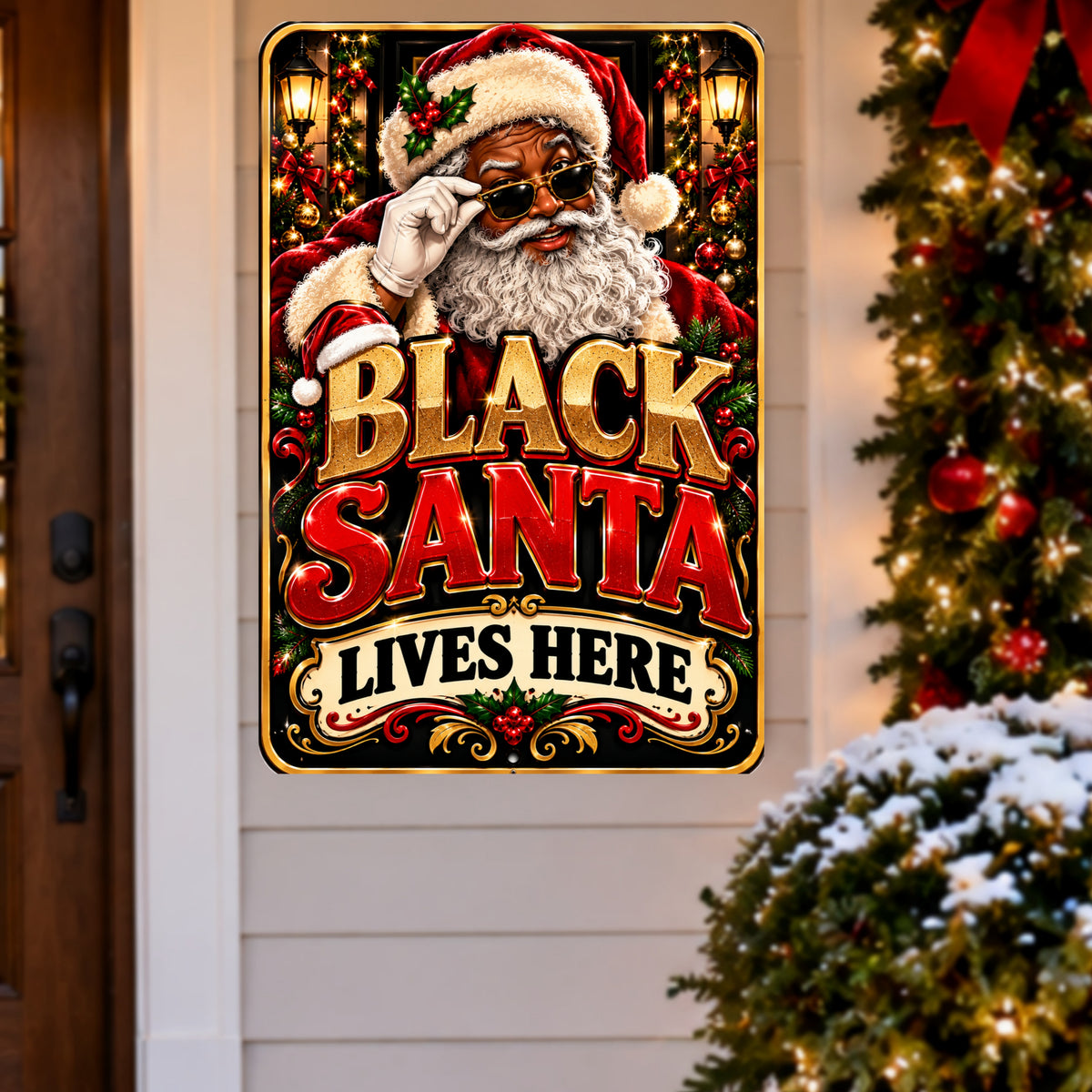 Black Santa Lives Here Sign, 13x19 Laminated African American Christmas Wall Decor