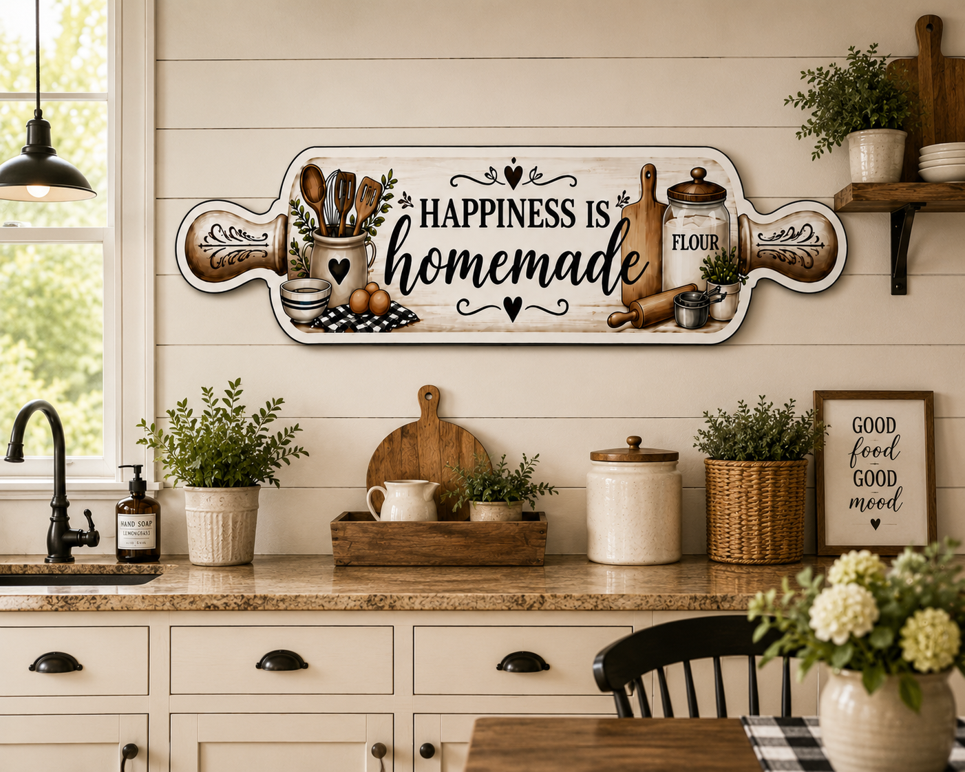Real Wood Rolling Pin Kitchen Sign | Farmhouse Kitchen Decor | Handmade Rustic Wall Hanging | Happiness Is Homemade Sign