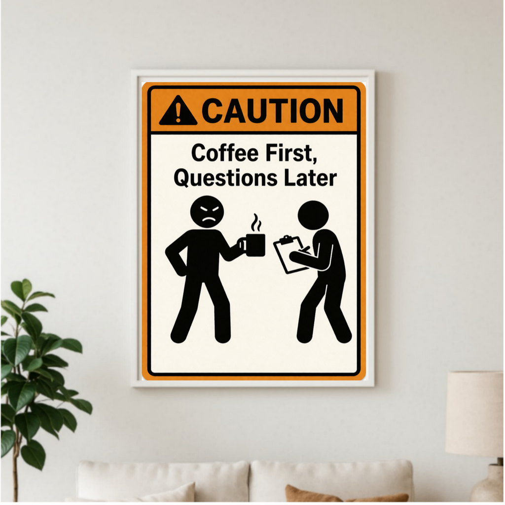 Coffee First Questions Later Funny Morning Sign Humor Kitchen Decor 13x19 Laminated Weather Sealed Wall Art