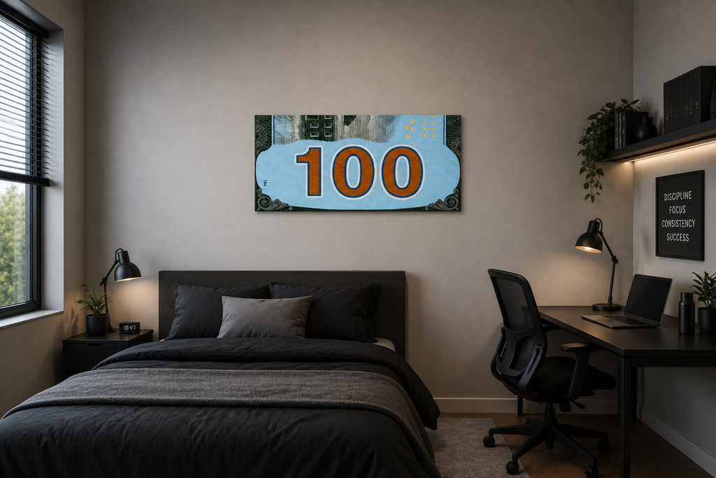 Turquoise 100 Dollar Bill Wall Art | Glossy 19x13 Money Print | Wooden Back Hanging Decor | Modern Office & Man Cave Wall Decor