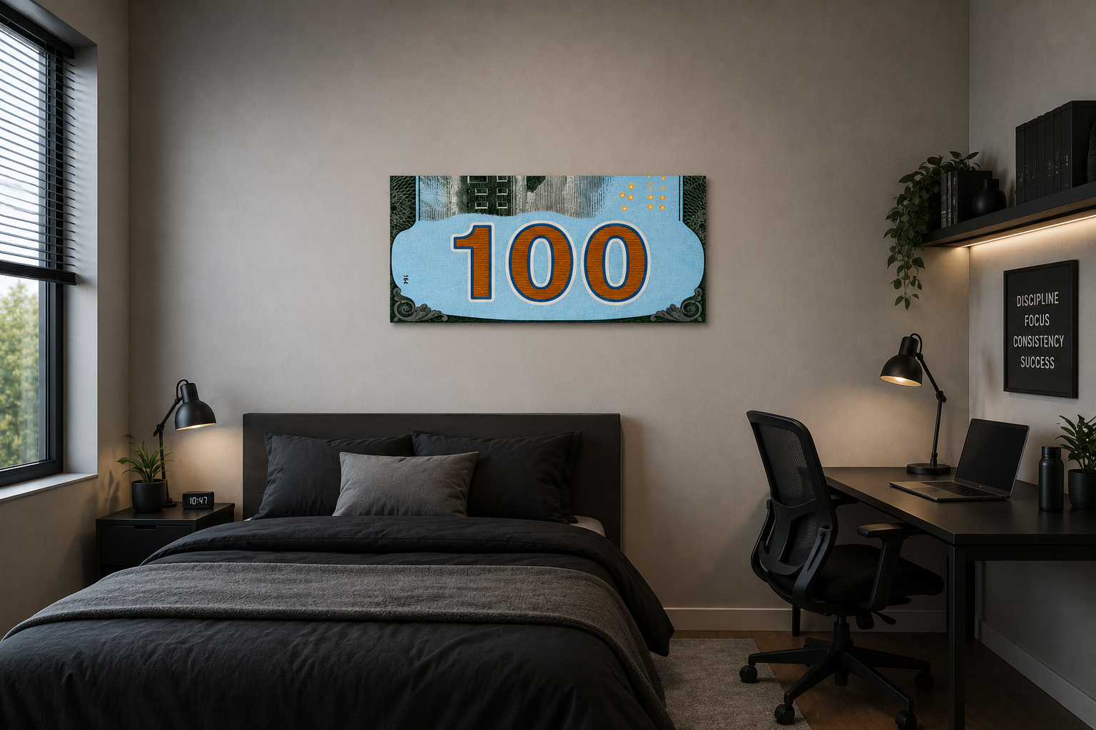 Turquoise 100 Dollar Bill Wall Art | Glossy 19x13 Money Print | Wooden Back Hanging Decor | Modern Office & Man Cave Wall Decor