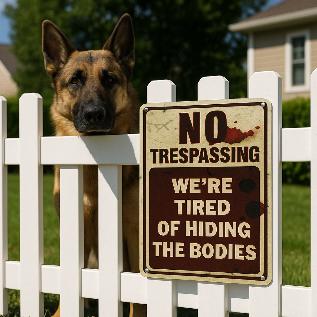 No Trespassing Sign – We’re Tired of Hiding the Bodies | Funny Warning Property Sign 19x13in