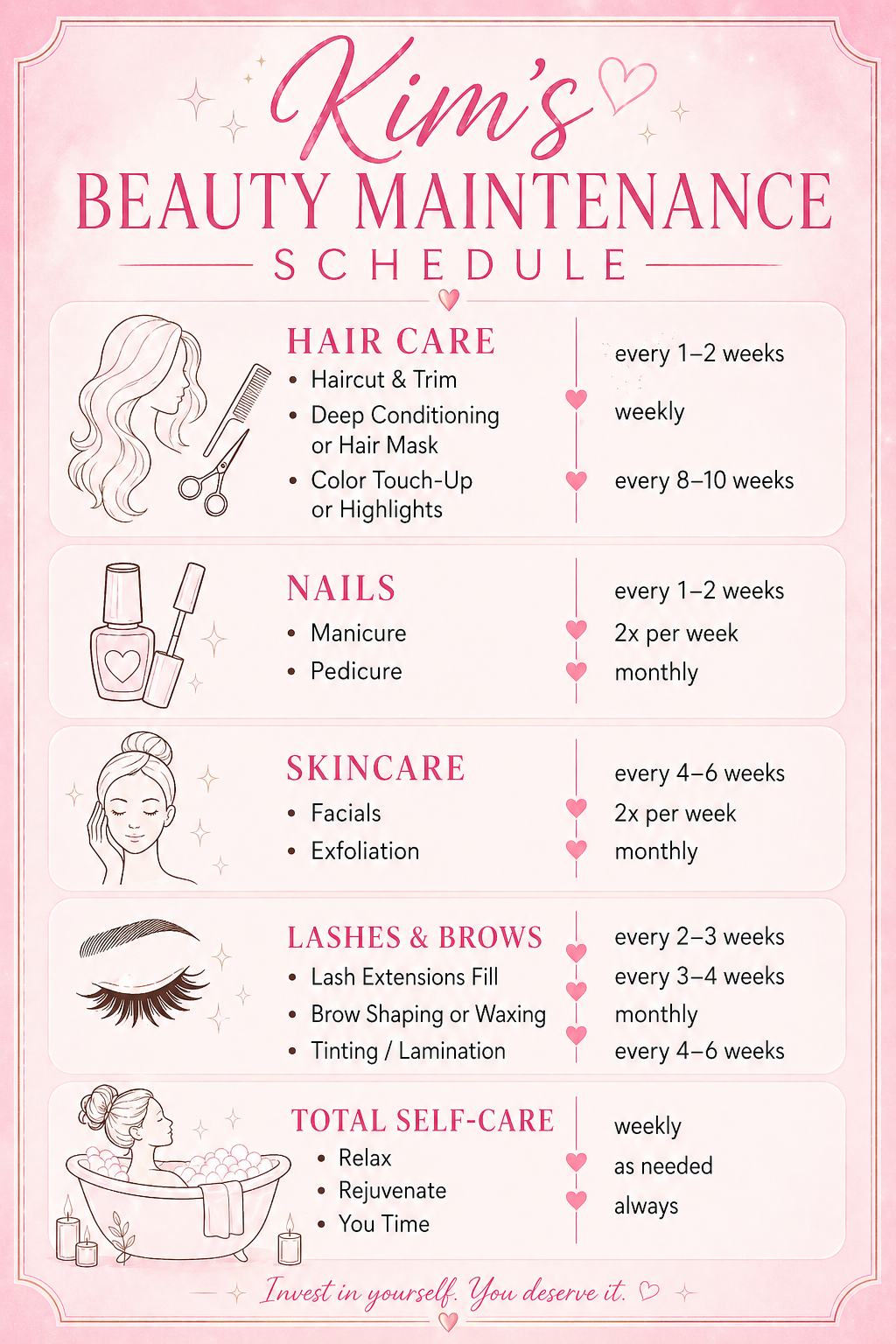 Personalized Beauty Maintenance Schedule Sign | Pink Self Care Wall Decor | Custom Beauty Routine Poster | Girly Bathroom Decor | Laminated Print