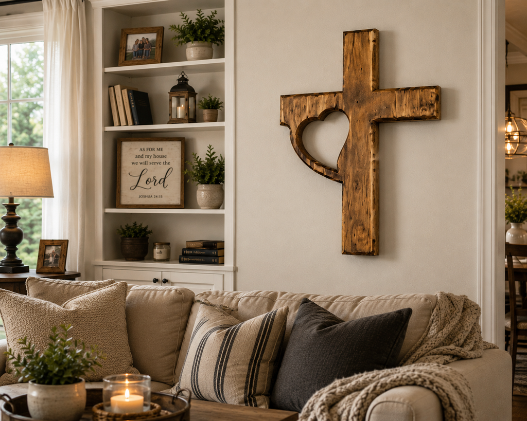Handmade Wooden Cross Wall Decor with Heart Cutout | Rustic Christian Wall Art | Luxury Farmhouse Faith Decor 12x18