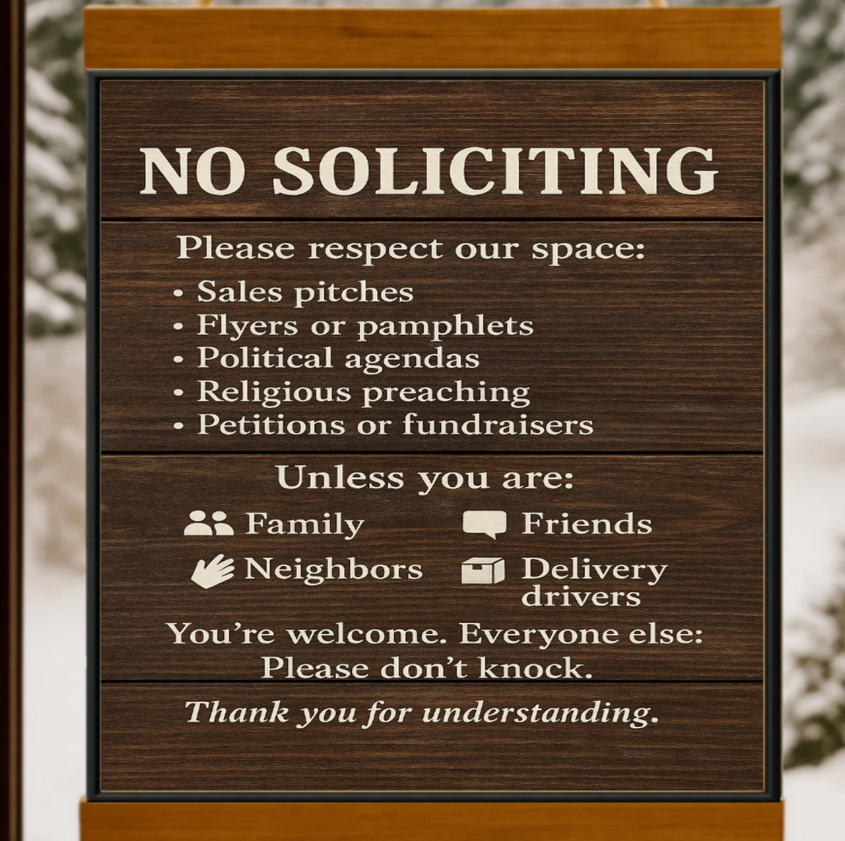 No Soliciting Door Sign – Funny Front Door Warning | Rustic Wood Style Home Entry Sign 13x19in Laminated or Framed