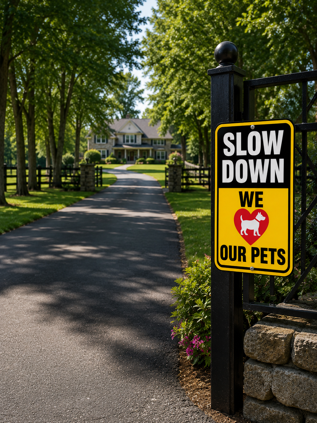 Slow Down We Love Our Pets Sign Laminated 13x19 | Pet Safety Yard Sign | Dog Lover Wall Decor | Funny Outdoor Warning Sign