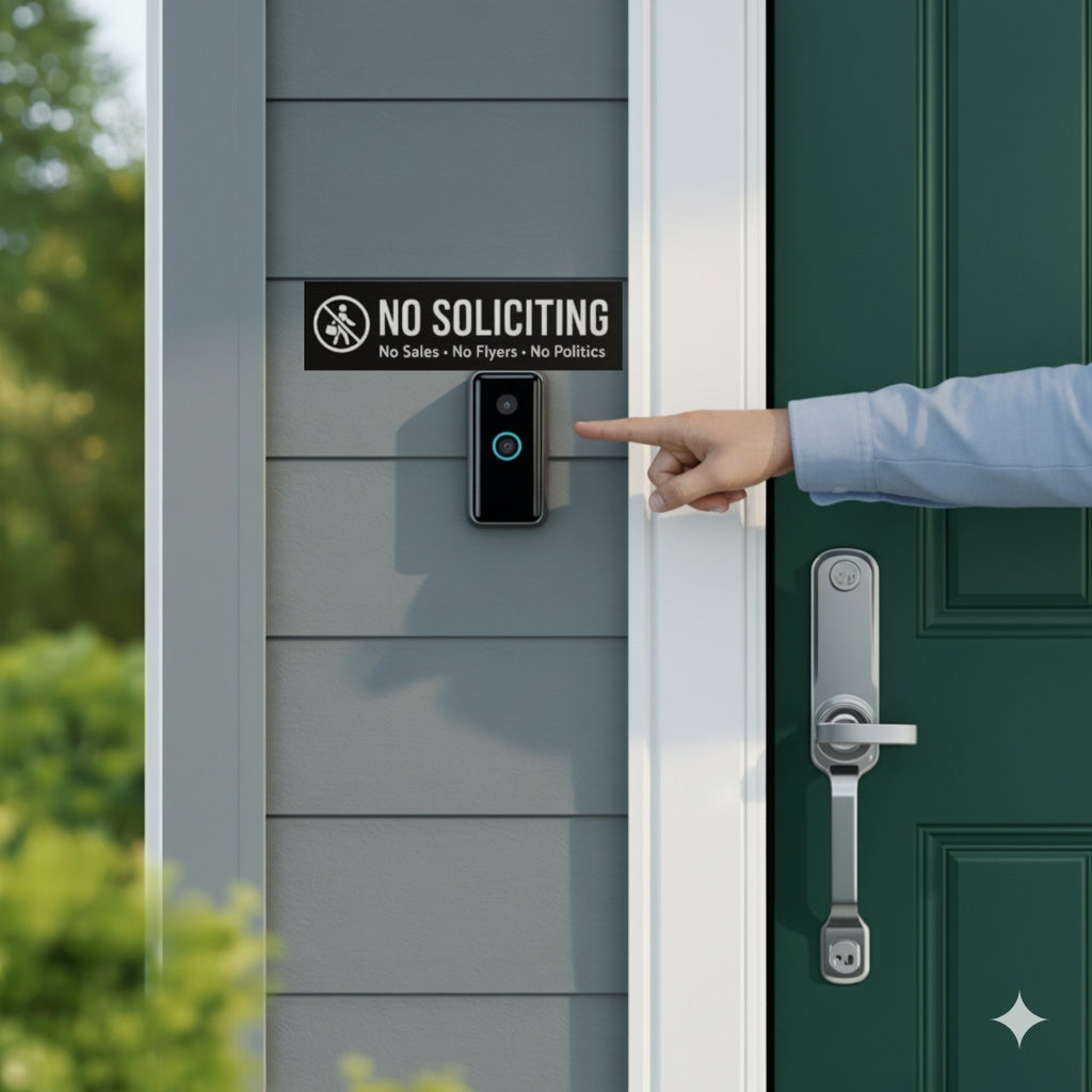 No Soliciting Sign Modern Door Sign  4x6in Laminated Aluminum Backing backing Home Security Warning Sign Minimalist Decor