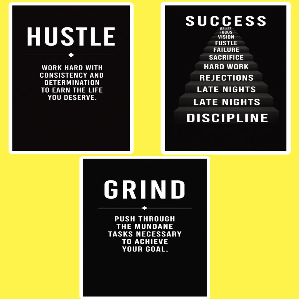 Hustle Success Grind Wall Art Set Motivational Posters Black Office Decor Entrepreneur Mindset Prints 13x19  Laminated