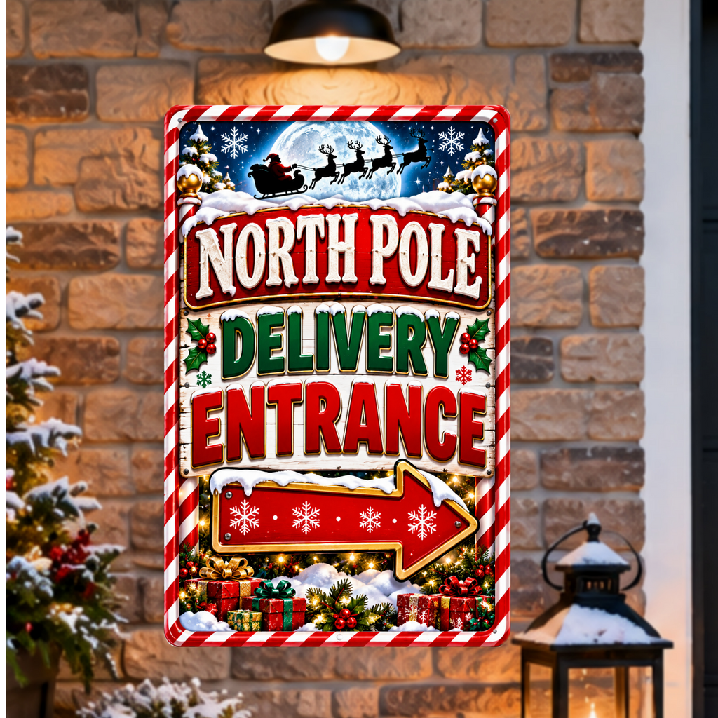 North Pole Delivery Entrance Sign, 13x19 Laminated Santa Christmas Holiday Decor