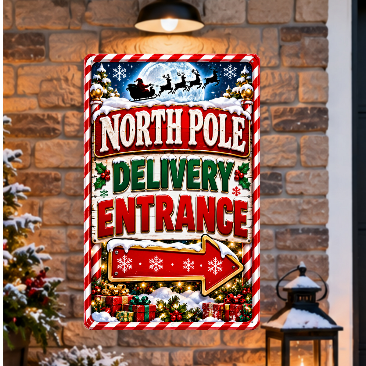 North Pole Delivery Entrance Sign, 13x19 Laminated Santa Christmas Holiday Decor