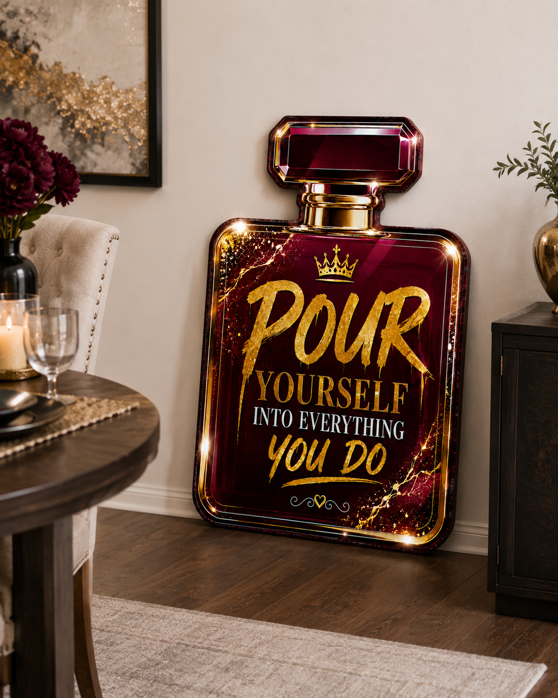 Pour Yourself Into Everything You Do Wooden Wall Art | Motivational Perfume Bottle Sign