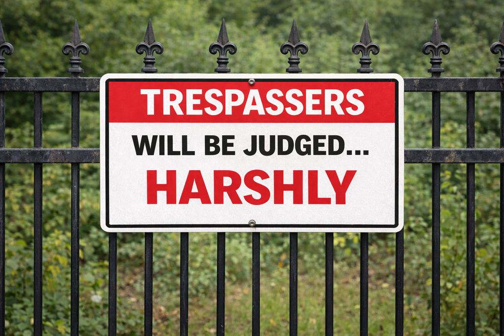 Trespassers Will Be Judged… Harshly Sign – 13x19 Laminated Warning Sign | Funny No Trespassing Sign | Fence, Gate, or Property Sign
