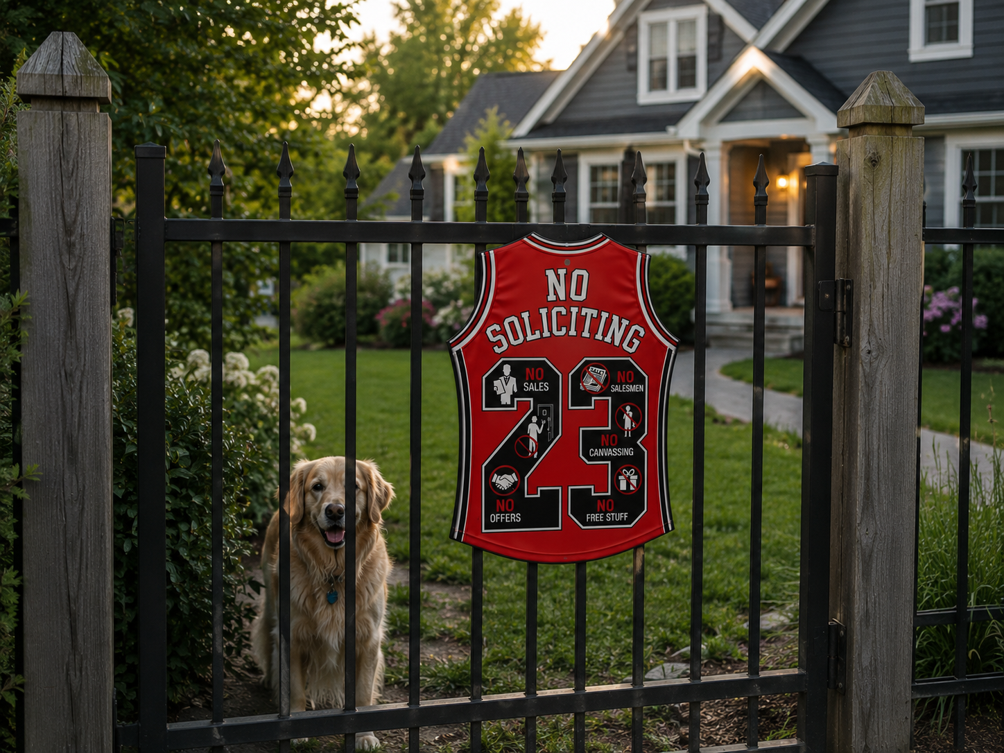 No Soliciting Jersey Sign 19x13in | Laminated Wooden Door Sign | Weather Sealed Sports Style Wall Decor | Cut Out Jersey Sign
