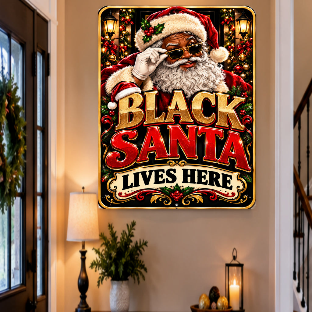 Black Santa Lives Here Sign, 13x19 Laminated African American Christmas Wall Decor