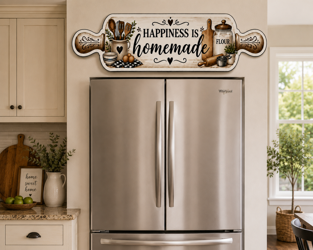 Real Wood Rolling Pin Kitchen Sign | Farmhouse Kitchen Decor | Handmade Rustic Wall Hanging | Happiness Is Homemade Sign
