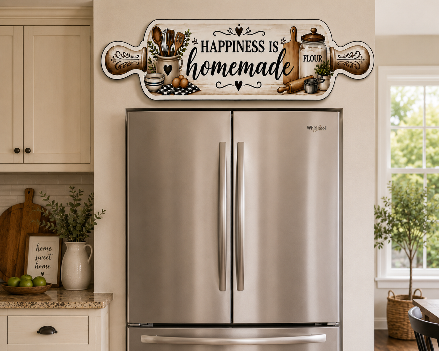 Real Wood Rolling Pin Kitchen Sign | Farmhouse Kitchen Decor | Handmade Rustic Wall Hanging | Happiness Is Homemade Sign