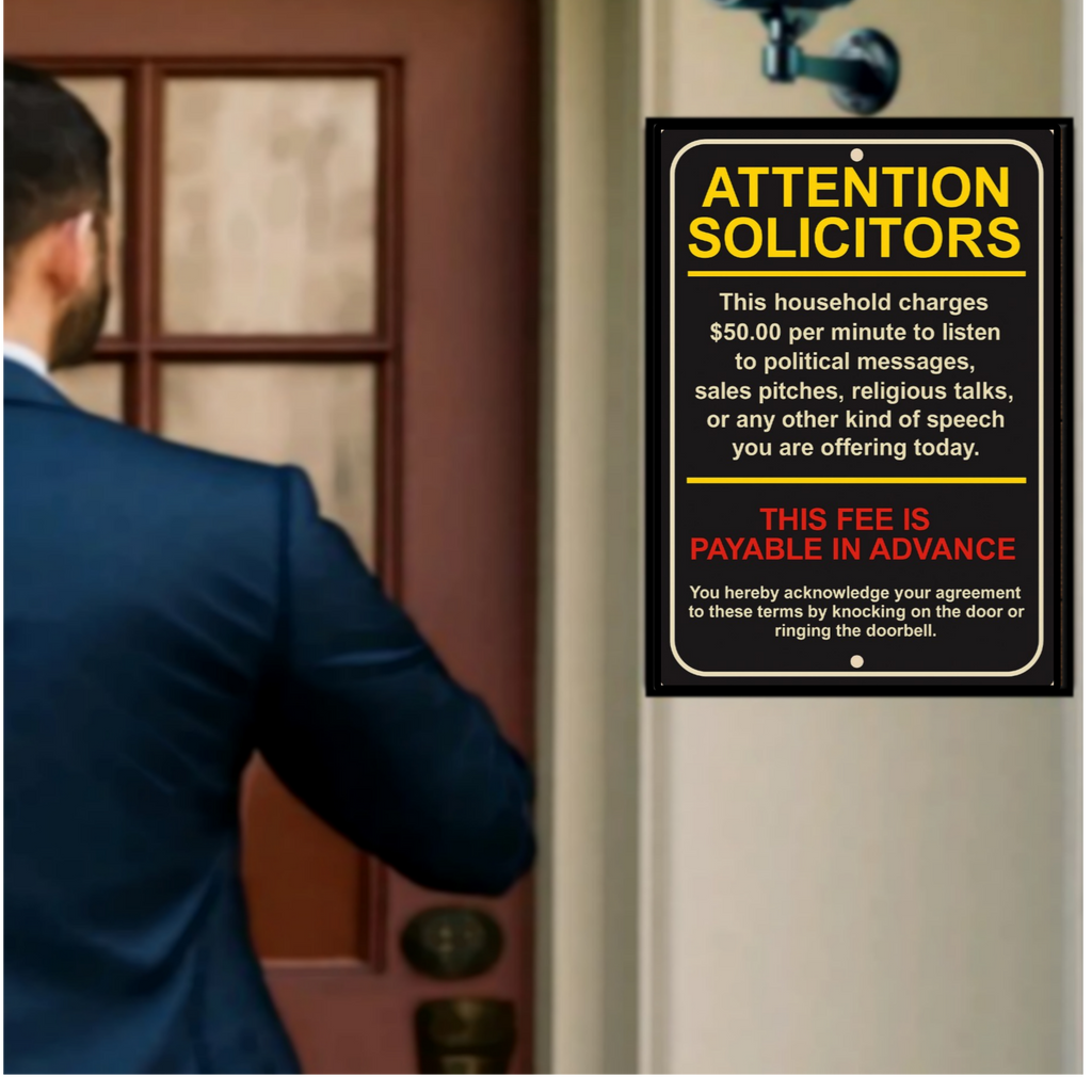 Attention Solicitors Sign – $50 Per Minute Fee Warning | Funny No Soliciting Door Sign 13x19in Laminated or Framed