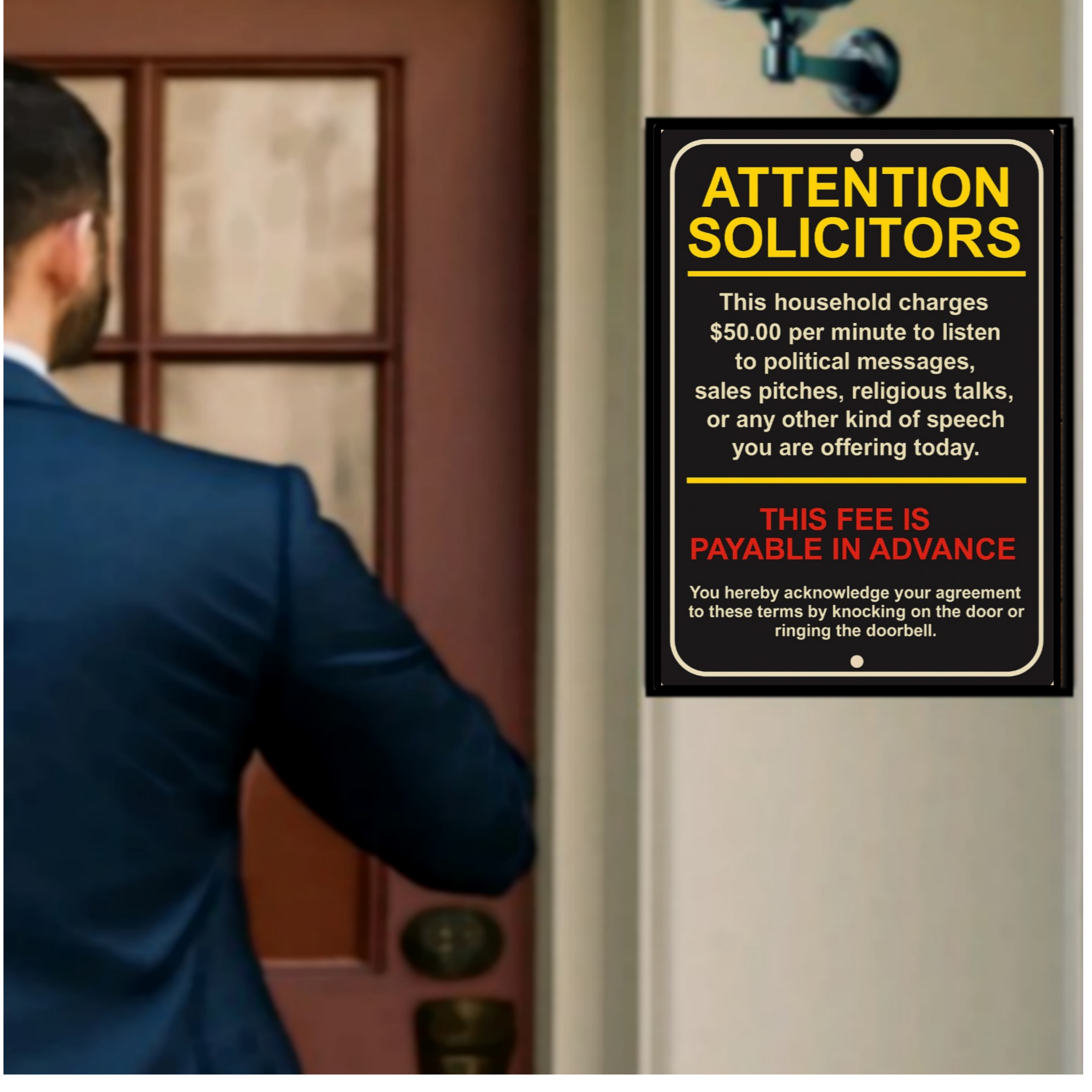 Attention Solicitors Sign – $50 Per Minute Fee Warning | Funny No Soliciting Door Sign 13x19in Laminated or Framed