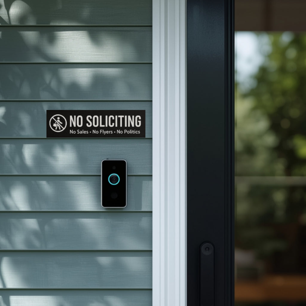 No Soliciting Sign Modern Door Sign  4x6in Laminated Aluminum Backing backing Home Security Warning Sign Minimalist Decor