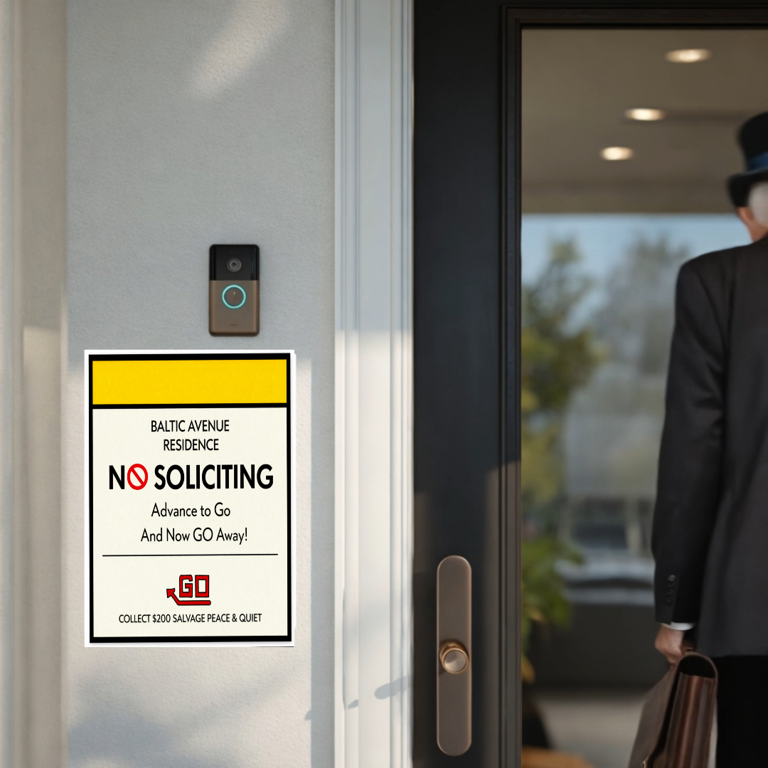 Baltic Avenue No Soliciting Sign – Funny Monopoly Inspired Door Sign | “Advance to Go… Now Go Away” | 6x9 or 4x9