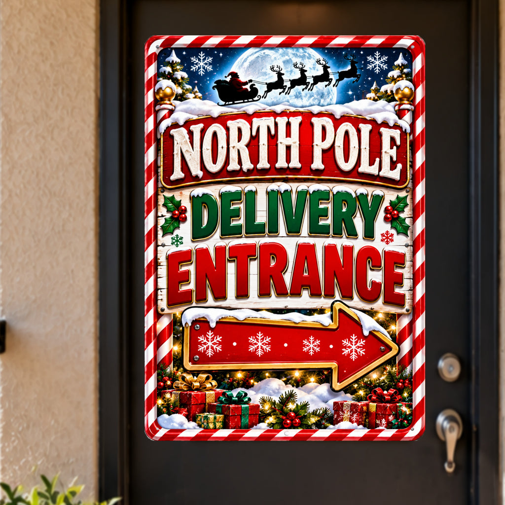 North Pole Delivery Entrance Sign, 13x19 Laminated Santa Christmas Holiday Decor