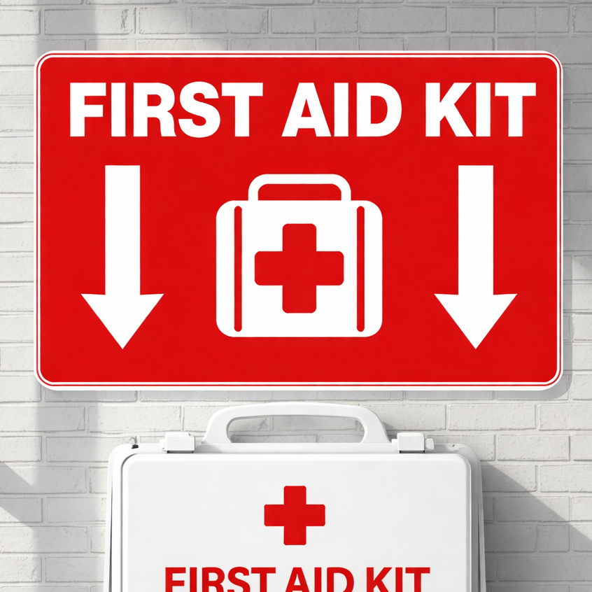 First Aid Kit Sign 12x12 – Emergency First Aid Location Sign, Safety Wall Sign, Laminated Front Aluminum Backing Weather Resistant