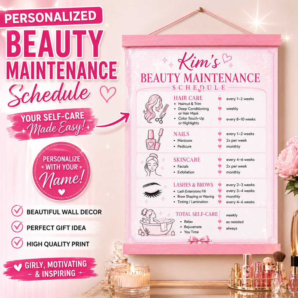 Personalized Beauty Maintenance Schedule Sign | Pink Self Care Wall Decor | Custom Beauty Routine Poster | Girly Bathroom Decor | Laminated Print