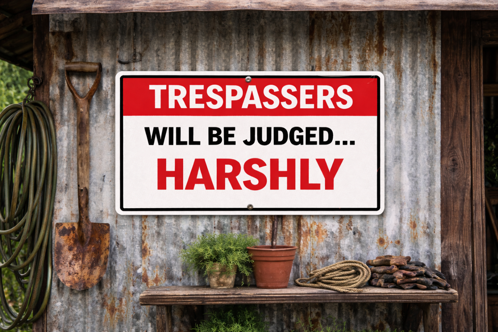 Trespassers Will Be Judged… Harshly Sign – 13x19 Laminated Warning Sign | Funny No Trespassing Sign | Fence, Gate, or Property Sign