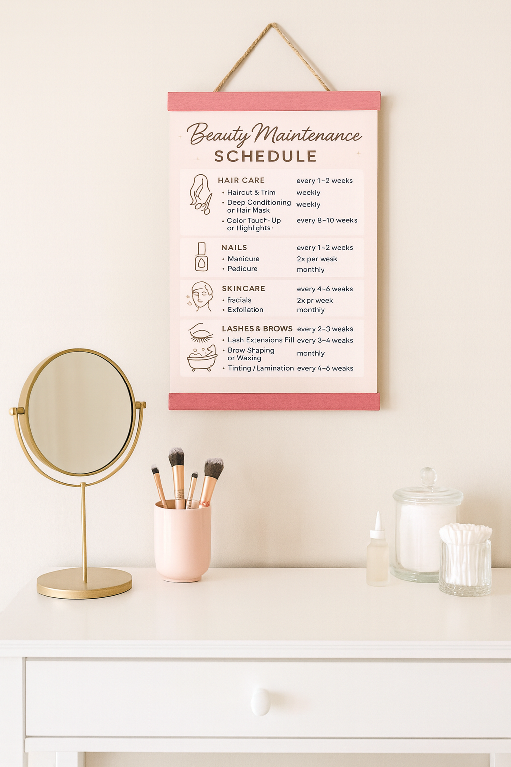 Personalized Beauty Maintenance Schedule Sign | Pink Self Care Wall Decor | Custom Beauty Routine Poster | Girly Bathroom Decor | Laminated Print