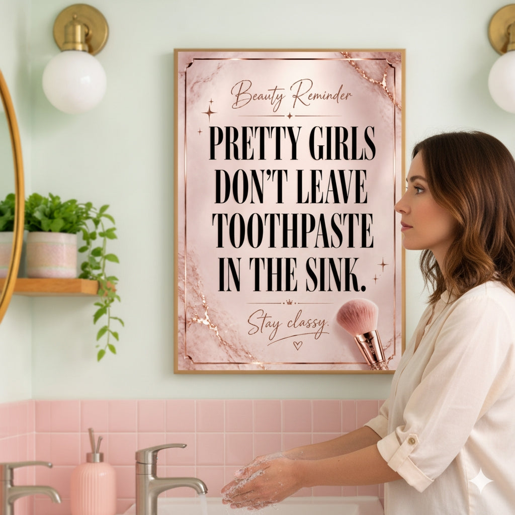 Pretty Girls Don’t Leave Toothpaste In The Sink Bathroom Sign 13x19 Laminated Girly Bathroom Decor Funny Beauty Wall Art