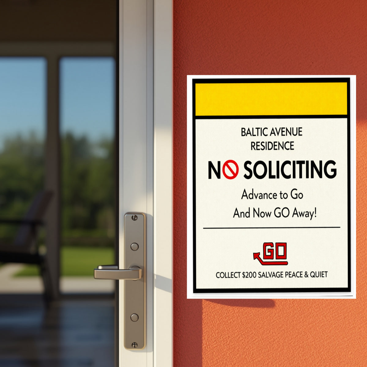 Baltic Avenue No Soliciting Sign – Funny Monopoly Inspired Door Sign | “Advance to Go… Now Go Away” | 6x9 or 4x9