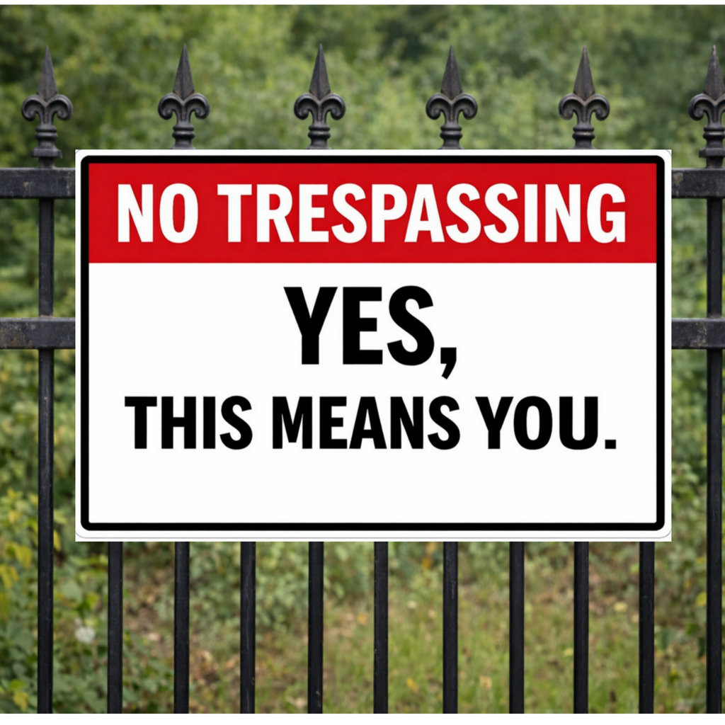 No Trespassing Sign Funny Yes This Means You 13x19 Laminated Outdoor Sign Bold Warning Door Sign Yard Security Sign Home Protection Decor