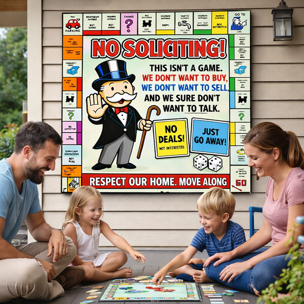 Funny No Soliciting Monopoly Style Sign We Don’t Want To Buy Or Sell 12x12in Laminated Door Sign Home Protection Decor