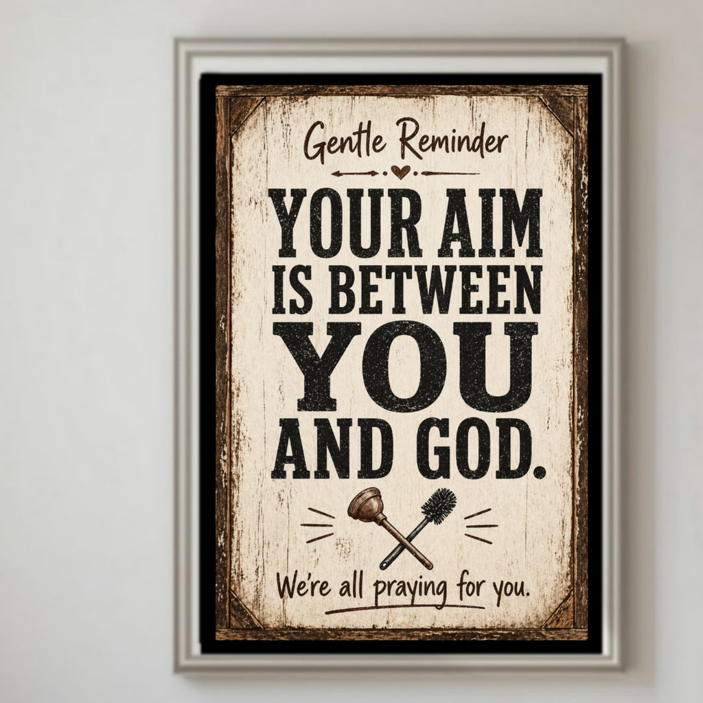 Funny Bathroom Sign – "Your Aim Is Between You And God" | 13x19 Laminated Rustic Farmhouse Wall Art