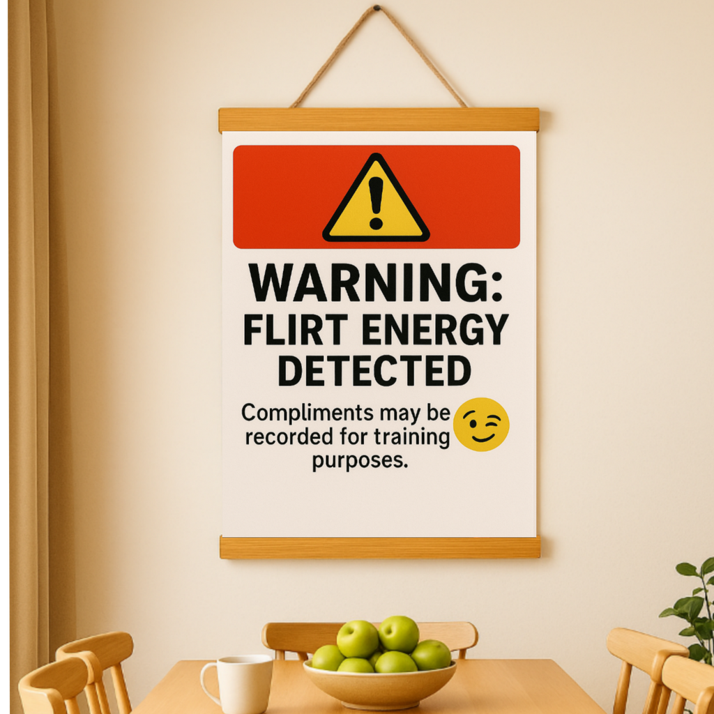 Warning: Flirt Energy Detected Sign – Funny Flirty Wall Art | Humor Decor for Office, Bedroom or Studio 13x19in