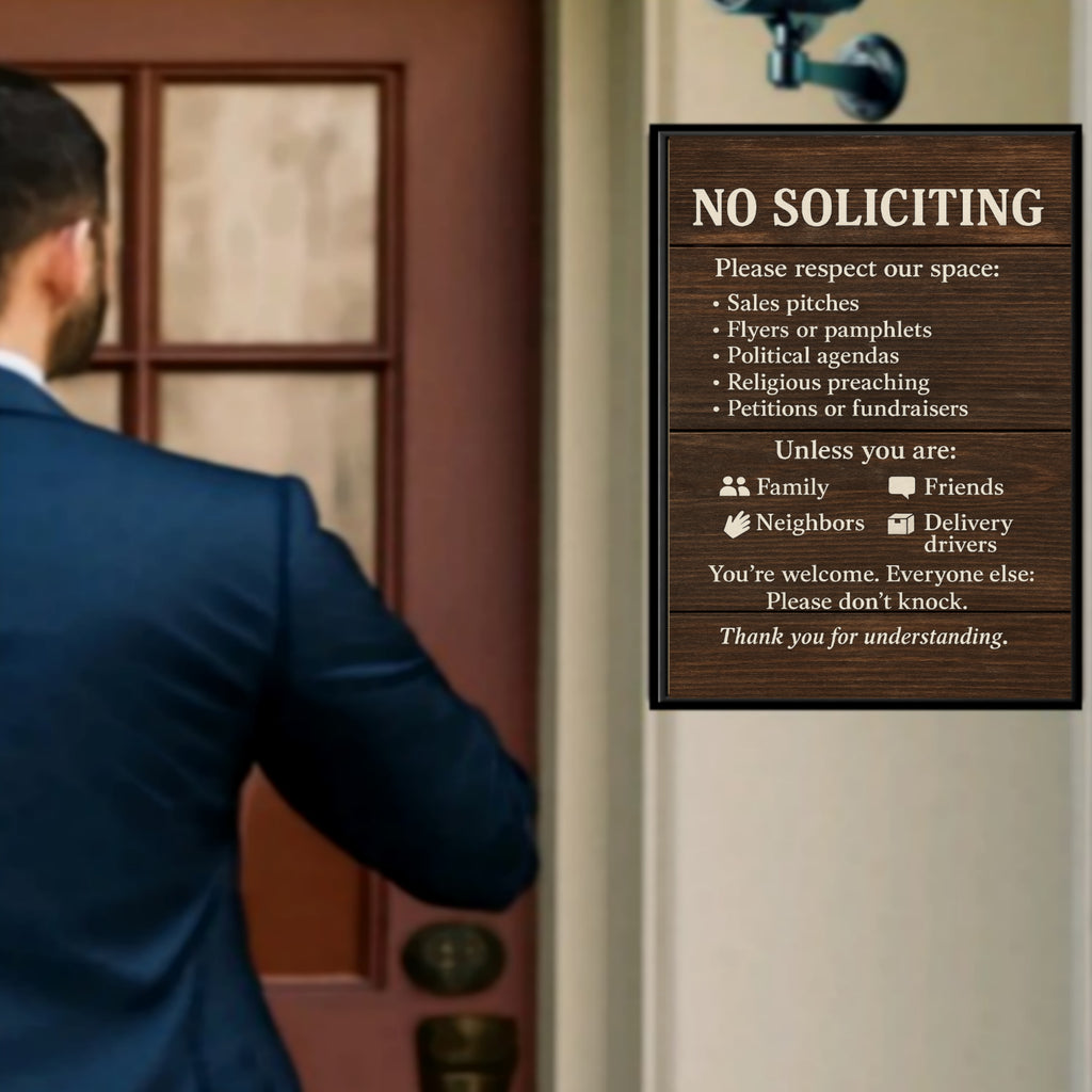 No Soliciting Door Sign – Funny Front Door Warning | Rustic Wood Style Home Entry Sign 13x19in Laminated or Framed