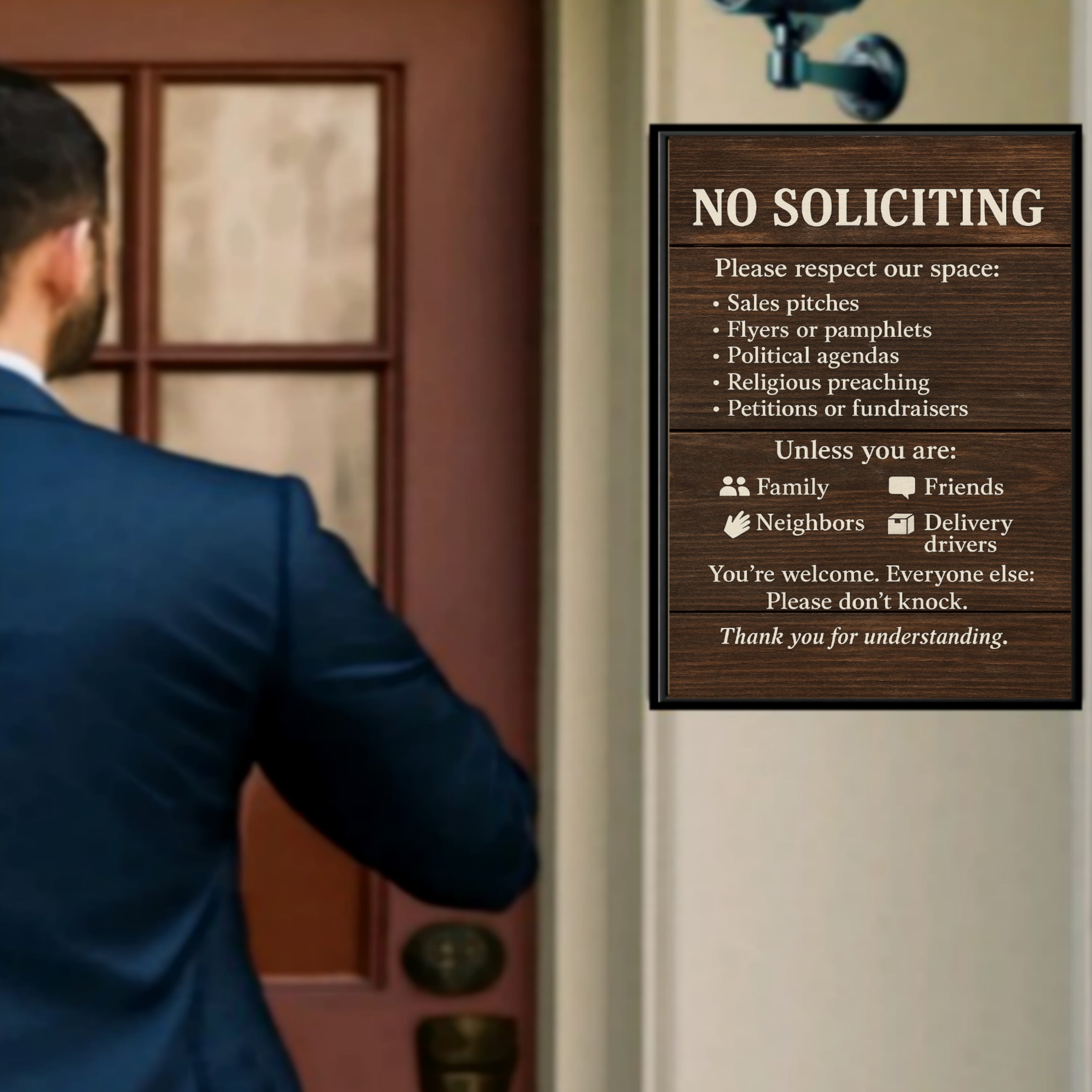 No Soliciting Door Sign – Funny Front Door Warning | Rustic Wood Style Home Entry Sign 13x19in Laminated or Framed