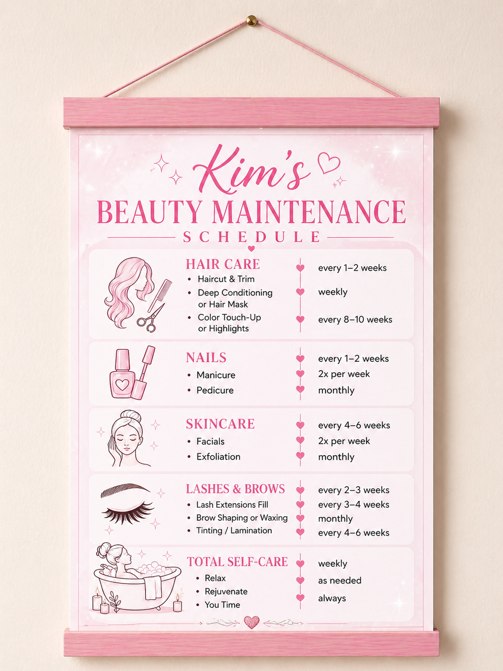 Personalized Beauty Maintenance Schedule Sign | Pink Self Care Wall Decor | Custom Beauty Routine Poster | Girly Bathroom Decor | Laminated Print