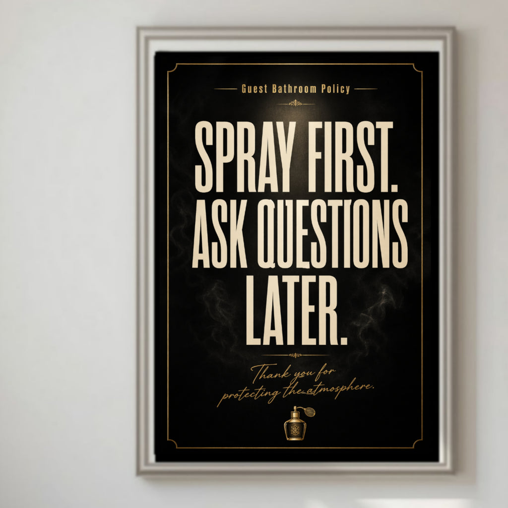 Spray First Ask Questions Later Bathroom Sign 13x19 Laminated Funny Bathroom Wall Art Guest Bathroom Decor Restroom Humor Sign