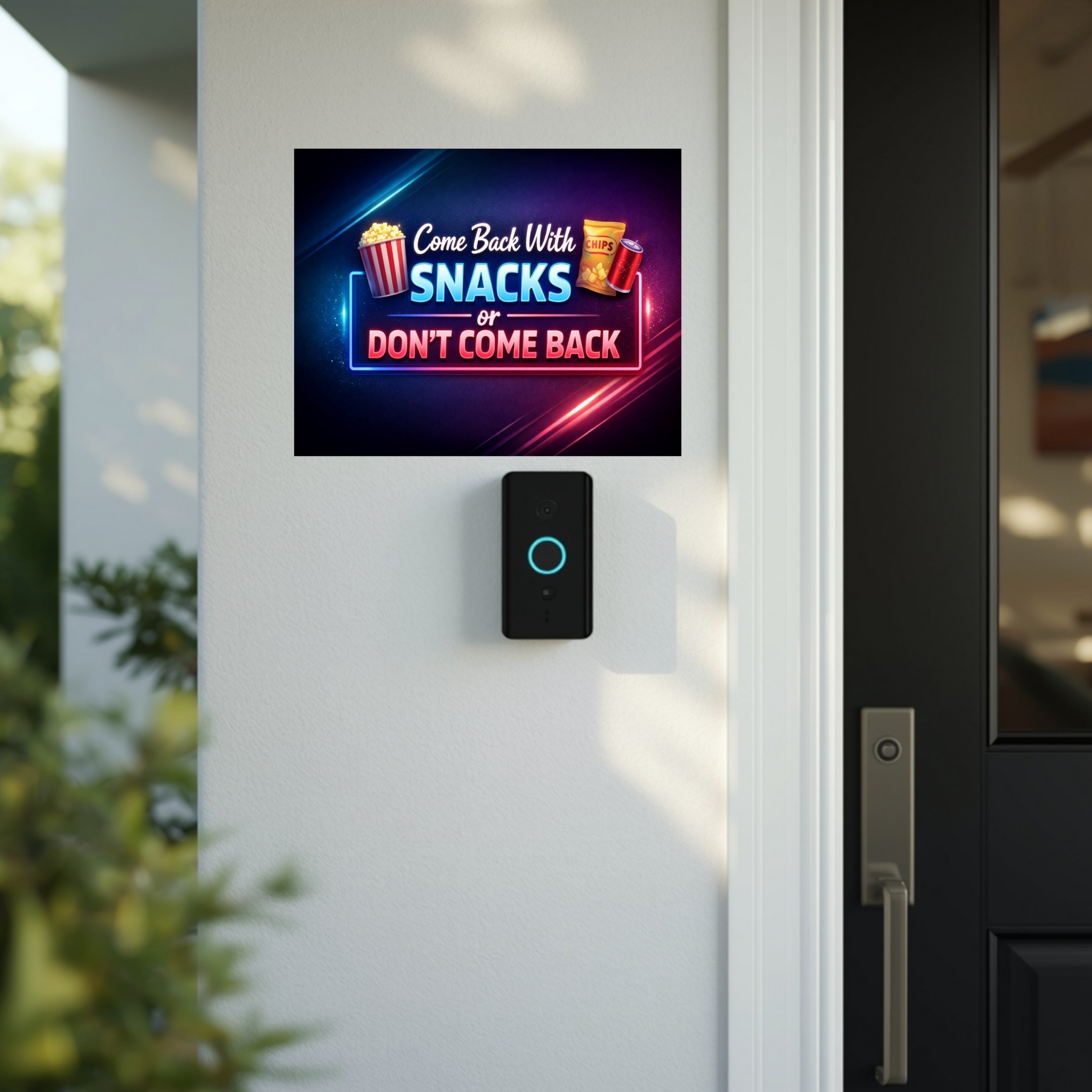 Funny No Soliciting Sign – “Come Back With Snacks or Don’t Come Back” | Do Not Knock Door Sign | Humorous Entryway Decor