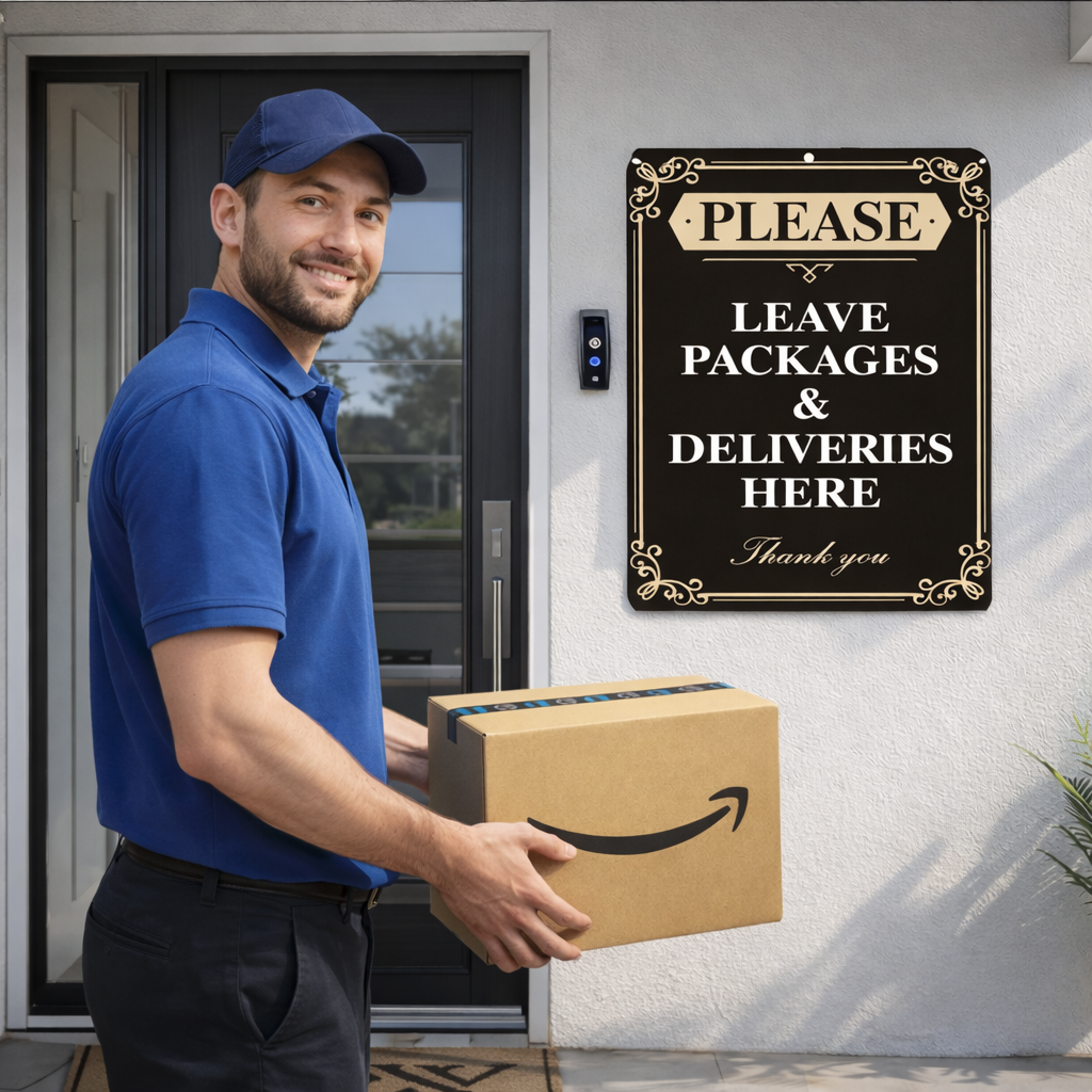 Please Leave Packages Here Sign – Elegant Delivery Sign for Front Door, Package Drop Off Sign, Laminated Outdoor Door Sign 13x19