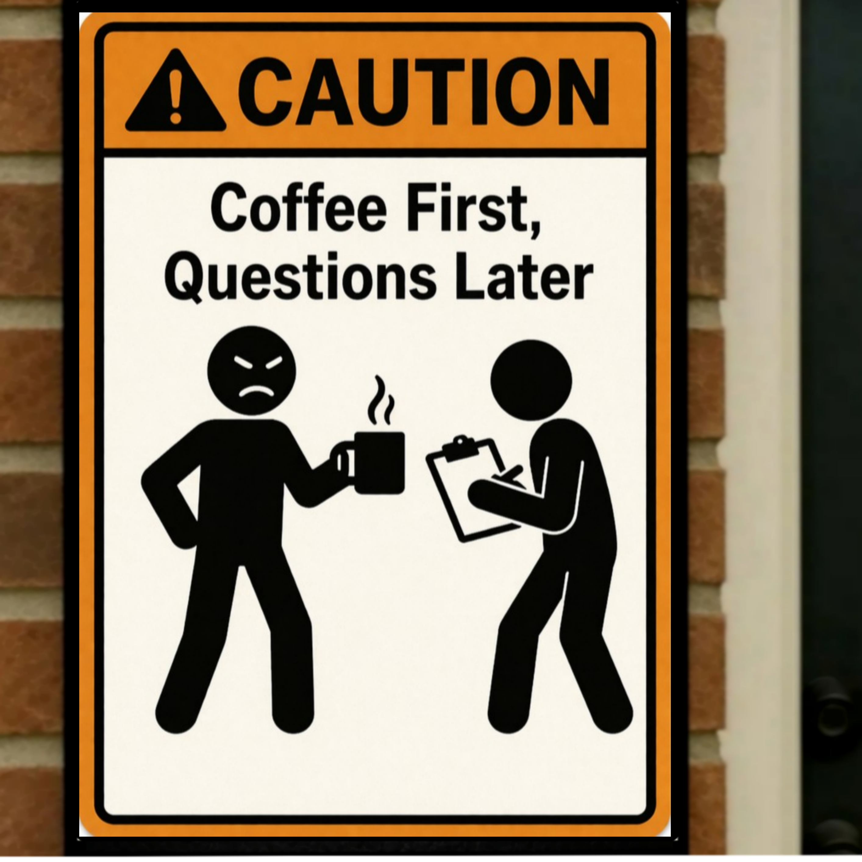 Coffee First Questions Later Funny Morning Sign Humor Kitchen Decor 13x19 Laminated Weather Sealed Wall Art