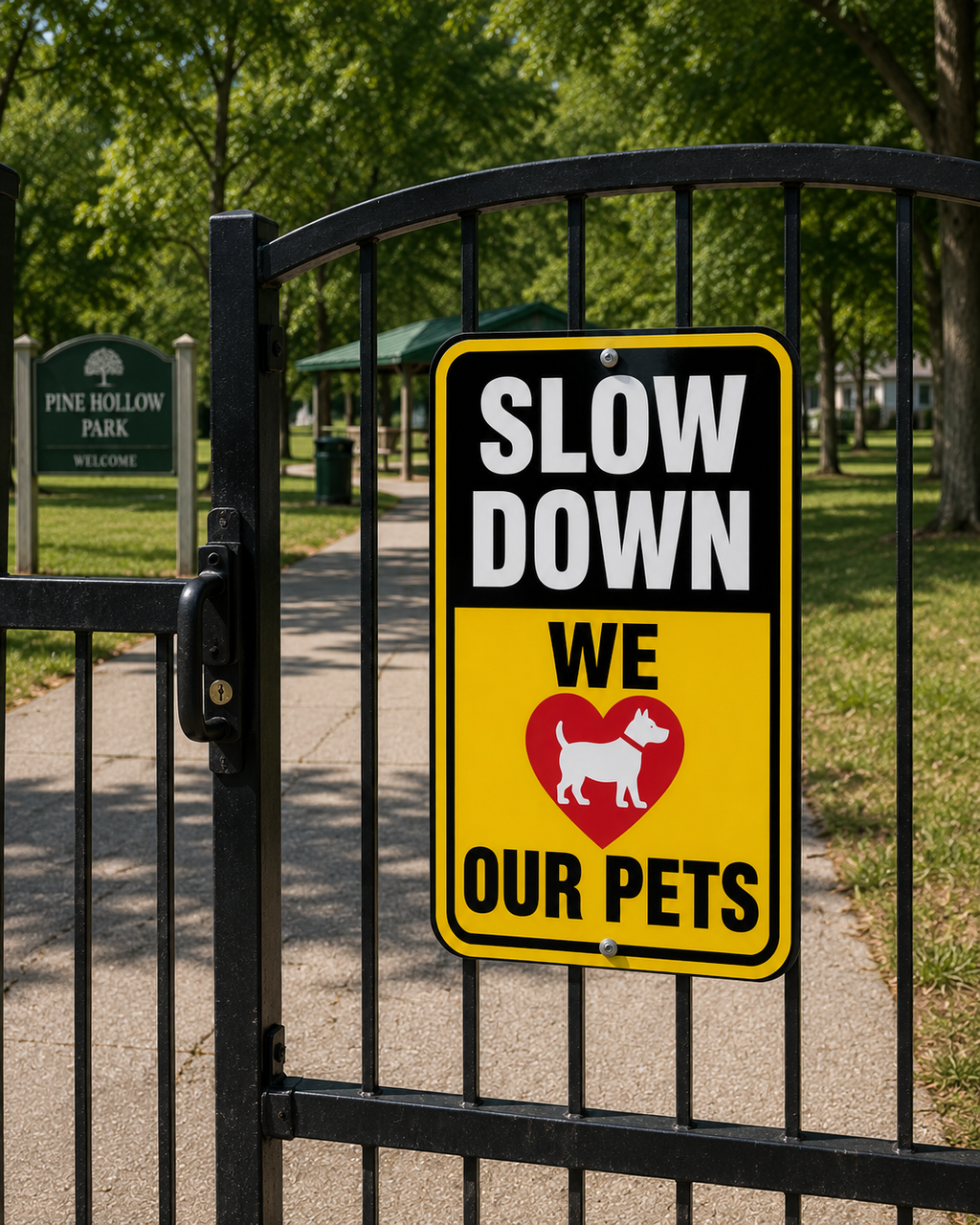 Slow Down We Love Our Pets Sign Laminated 13x19 | Pet Safety Yard Sign | Dog Lover Wall Decor | Funny Outdoor Warning Sign