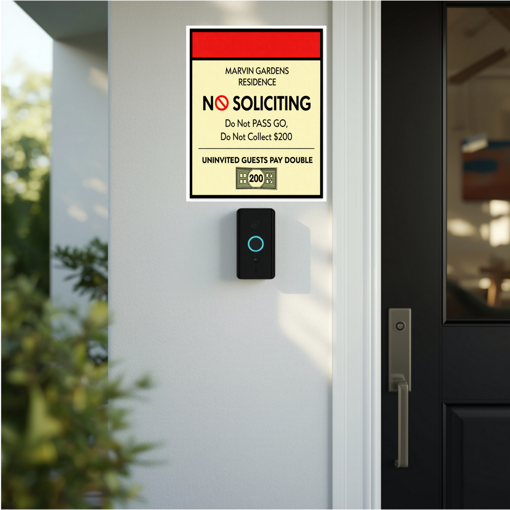 Marvin Gardens No Soliciting Sign – Monopoly Style Door Sign | “Do Not Pass Go, Do Not Collect $200” | Funny Entry Sign