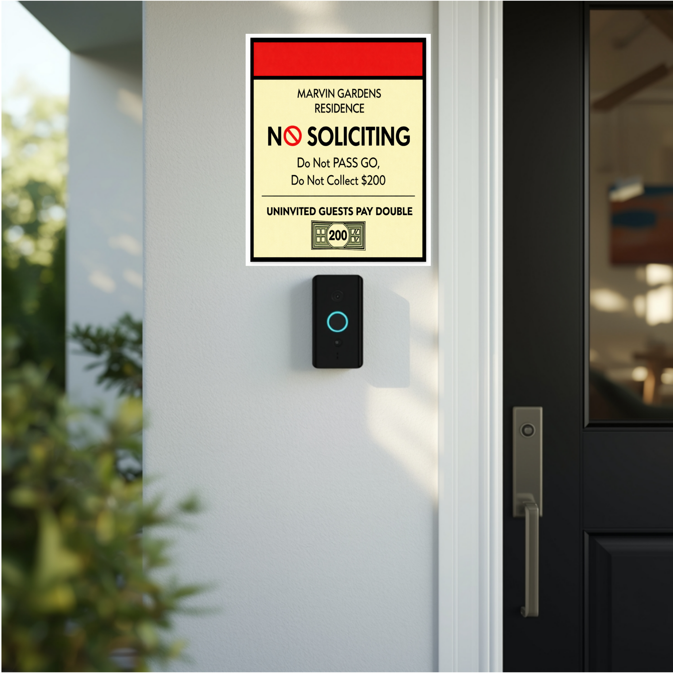Marvin Gardens No Soliciting Sign – Monopoly Style Door Sign | “Do Not Pass Go, Do Not Collect $200” | Funny Entry Sign