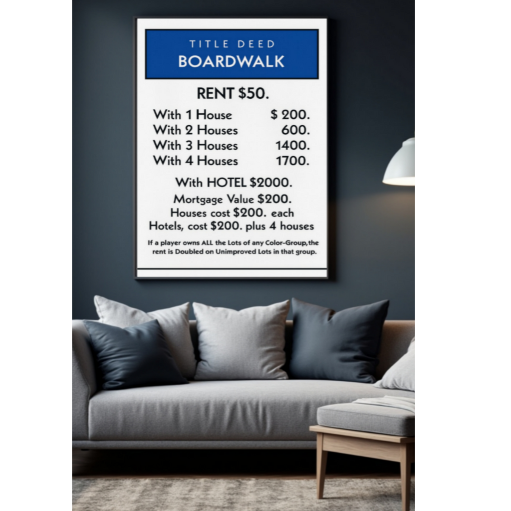Boardwalk Title Deed Monopoly Laminated Print– Classic Game Inspired Wall Art | 13x19 Laminated Print